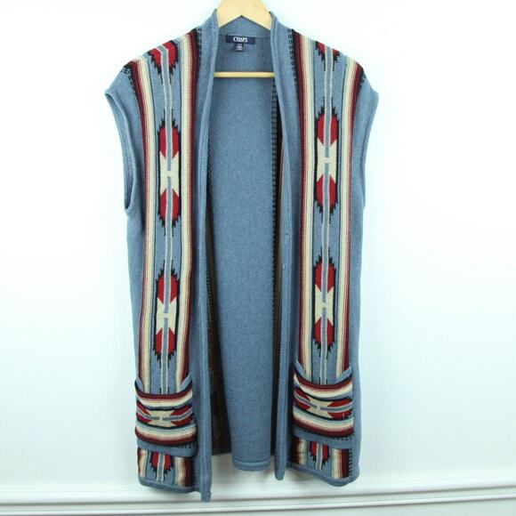 Chaps Large Knit Southwestern Long Sweater Vest Aztec Print Boho Hippy Prairie - Picture 1 of 10
